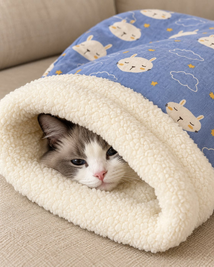 Close-up of a cat's face peeking out of the thick cream sherpa opening of a blue cat sleeping bag