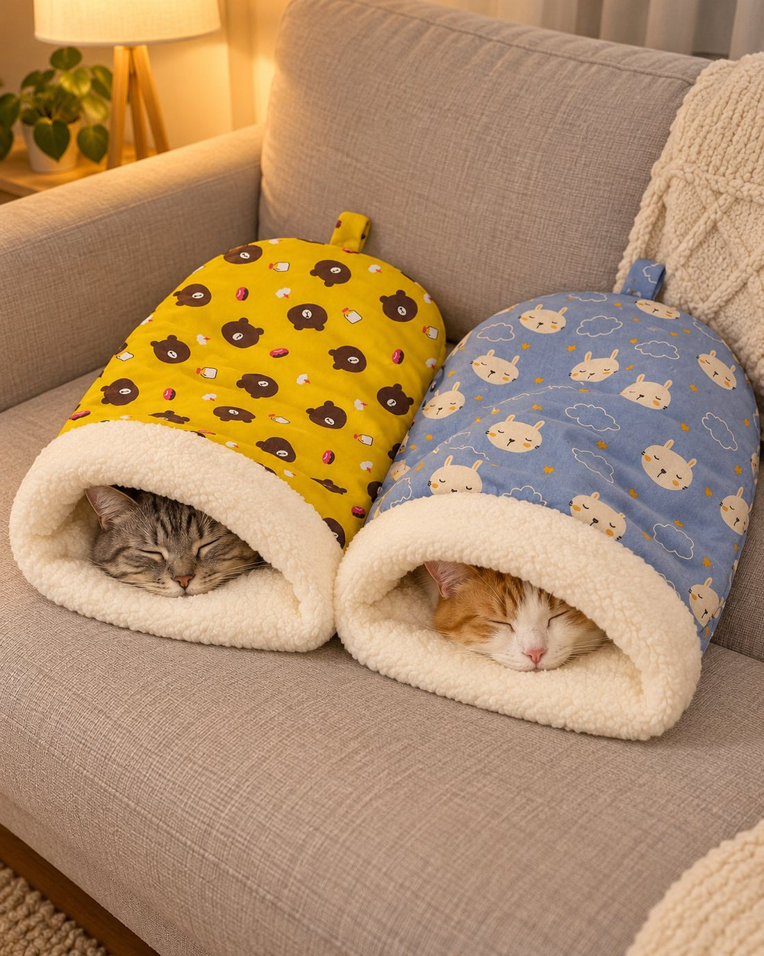 Two cats asleep side by side in a Bear Yellow and a Bunny Blue cat sleeping bag on a sofa