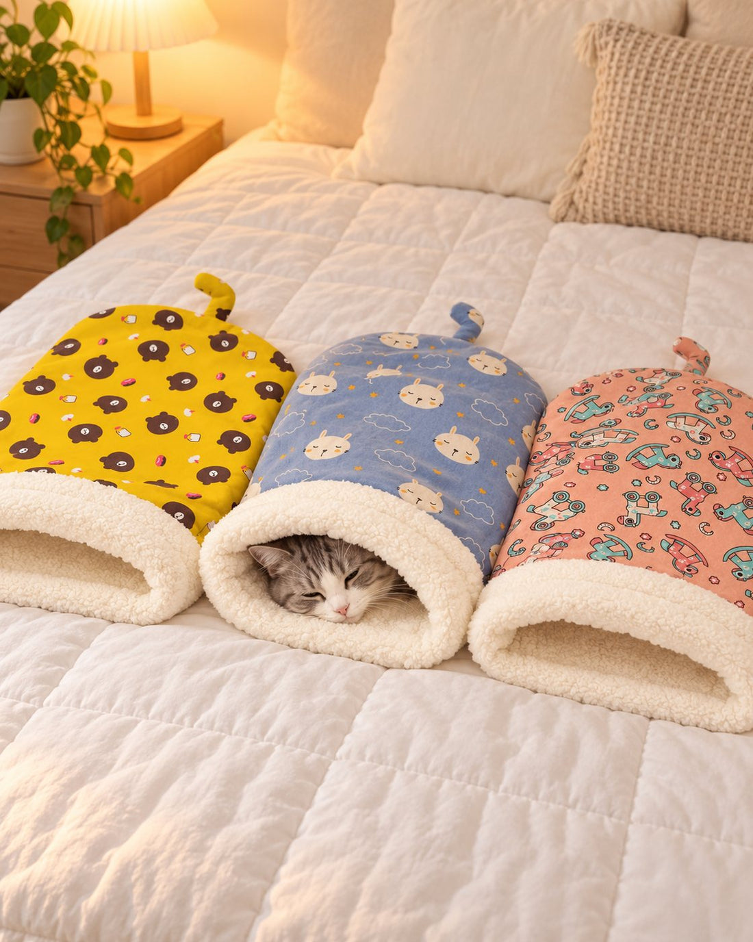 Three cozy cat sleeping bags in Bear Yellow, Bunny Blue and Car Pink on a bed, a cat peeking out of the blue one