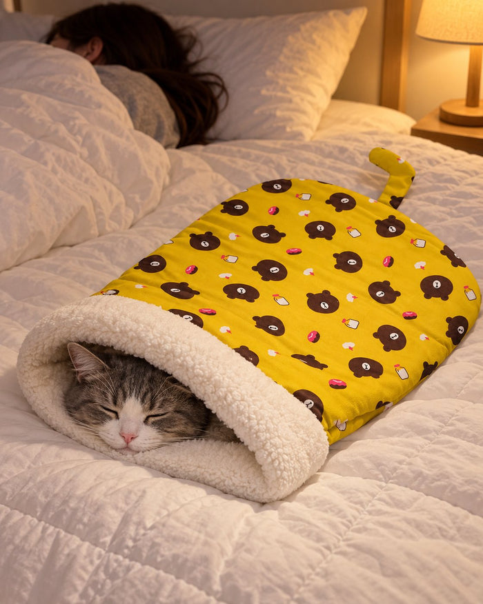 A tabby cat asleep in a Bear Yellow cat sleeping bag on a bed