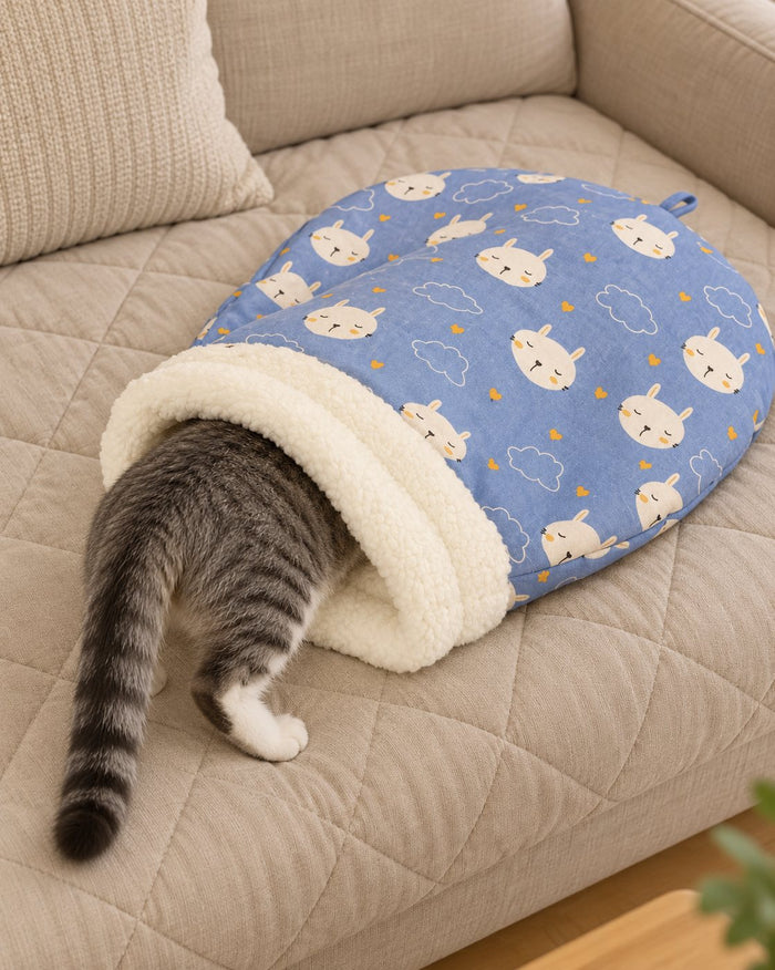 A grey and white cat crawling into a Bunny Blue cat sleeping bag on a sofa