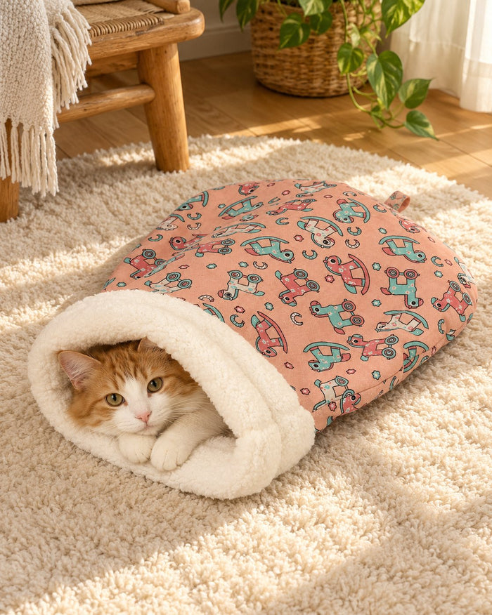 A calico cat lying in a Car Pink cat sleeping bag on a rug